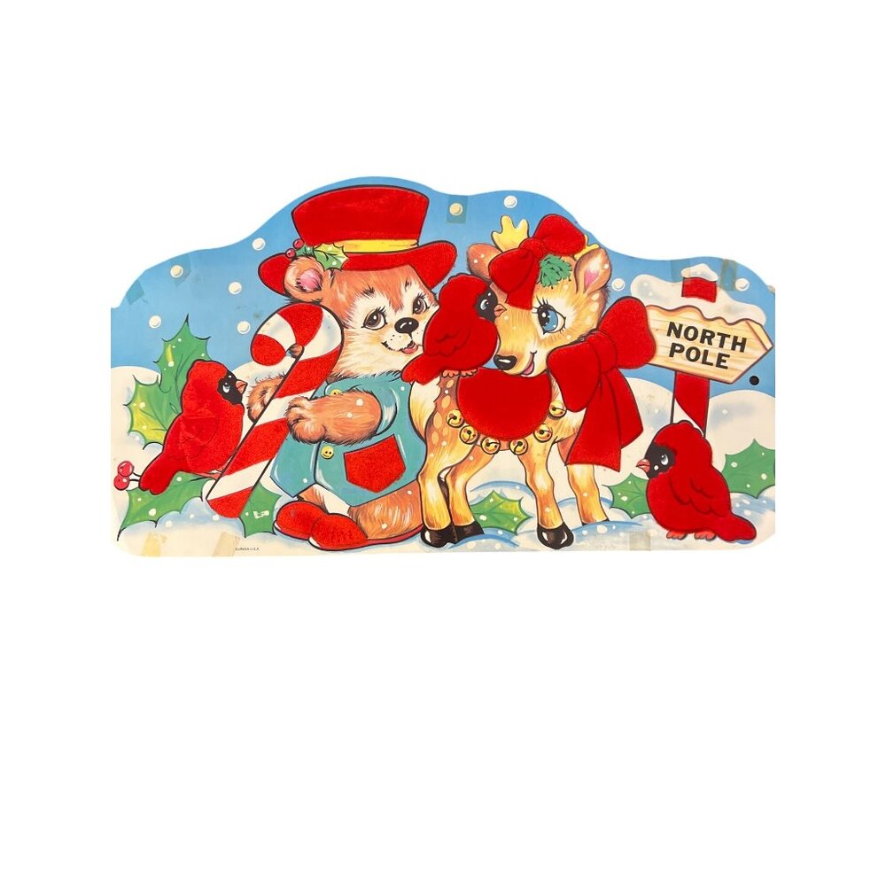 Vintage Eureka Flocked North Pole Sign Die Cut Reindeer Cardinal 17.5" x 10"